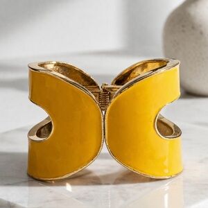 Mustard Yellow Enamel Wide Cuff Bracelet Gold Tone Cutout Statement 2” Boho Mod